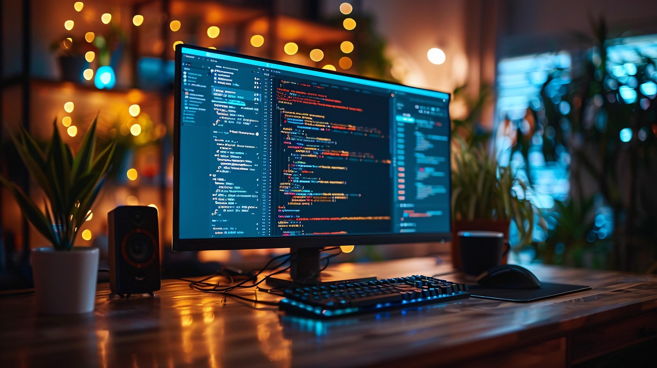 Developer workspace with multiple monitors and code